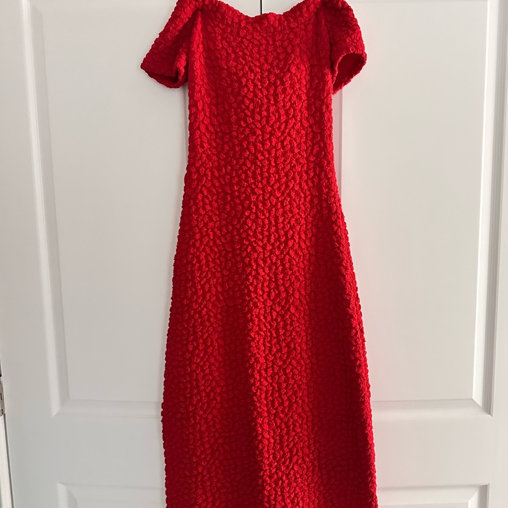 English Factory Textured Red Off-Shoulder Midi Dress - Picture 6 of 6